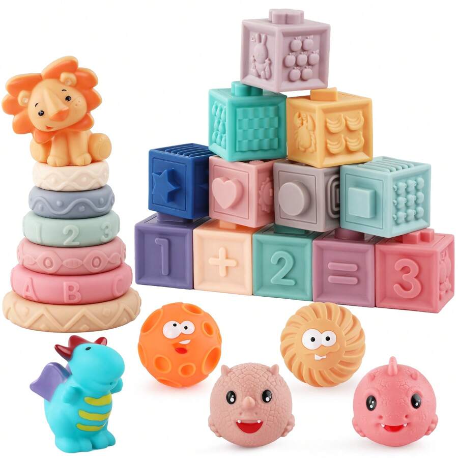 2314460D-6430-FF1A-BAC0-0C35F6347FD1-2.jpg IsEasy 4 In 1 Montessori Toys For Babies 6-12 Months, Pull String Teething Toys, Sensory Bin Toy, Stacking Building Blocks & Rings For 1 2 3 Year Old Babies Boy And Girl Gifts - Image 1