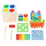 5-In-1 Wooden Play Kit Montessori Toy - Object Permanence Box, Coin Box, Carrot Harvest, Catch Worm, Shape Sorter - Toddler Learning Toy For Kid Age 1, 2, 3 Year Old, Girl Boy Gift For Baby 6-12 Month
