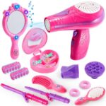 Syncfun 17Pcs Girls Beauty Salon Set, Pretend Play Doll Hair Stylist Toy Kit With Hairdryer, Mirror, Curling Iron And Other Accessories For Kids Toddler Fashion Cutting Makeup Party Favor, Birthday Gift