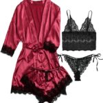 Women's Lace Sleepwear 4pcs Floral Lace Trim Satin Sexy Pajamas Set Dressing Gown Robe Ladies Nightwear Sets
