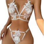 2-Piece Lingerie Women's Sexy Underwear Three-Point Split Sets Adjustable Hollow Lace Knotted Bundle Comfortable Material, White, Large