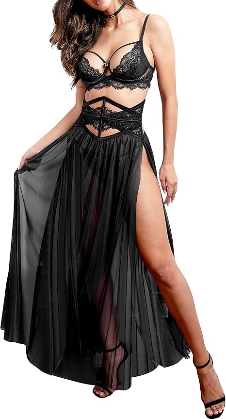 9C076AB9-6D43-1548-5A2D-1080556C619A-1.jpg Women Sexy Lace Lingerie Set,Lace Bra and Corset Long Sheer Lace Dress Nightgown with G-String 4 Piece Lingerie Set Black 34B - Image 1