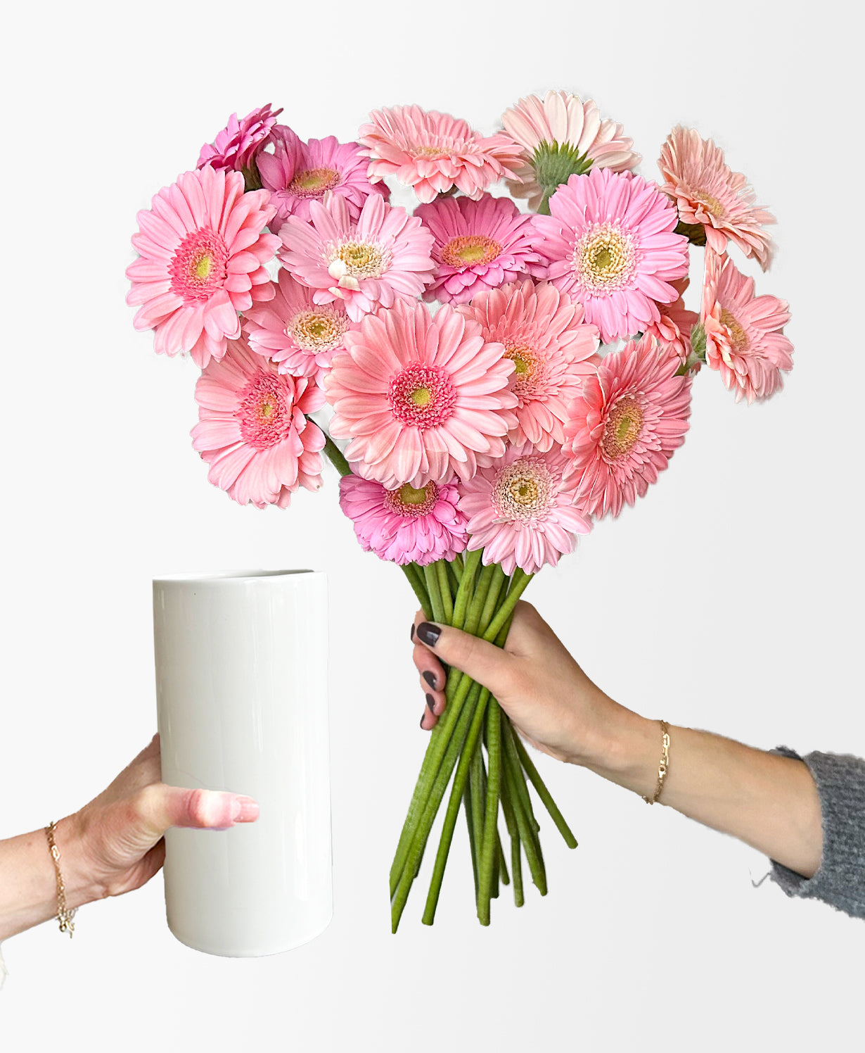 Aheadofthegerbinwhitevase-psvaseinhand-2.jpg Ahead of the Gerb (21 stems, arrives in white vase) - Image 1